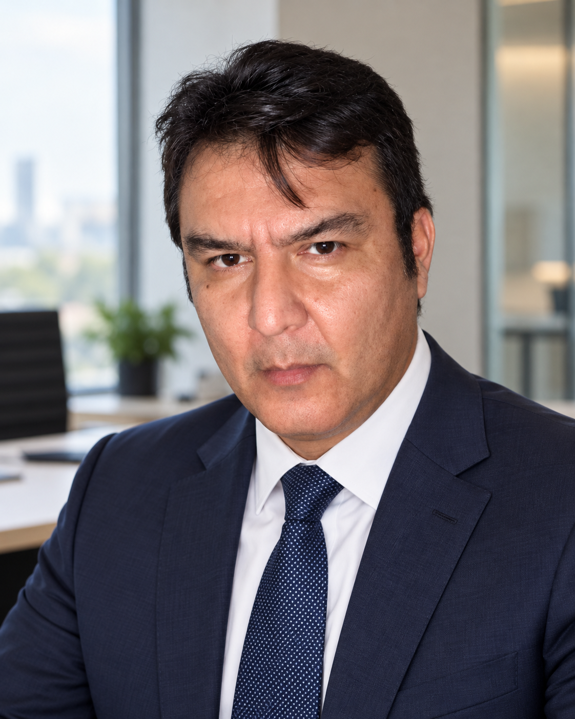 Retrato profesional de Jorge Becerra con traje en una oficina minimalista